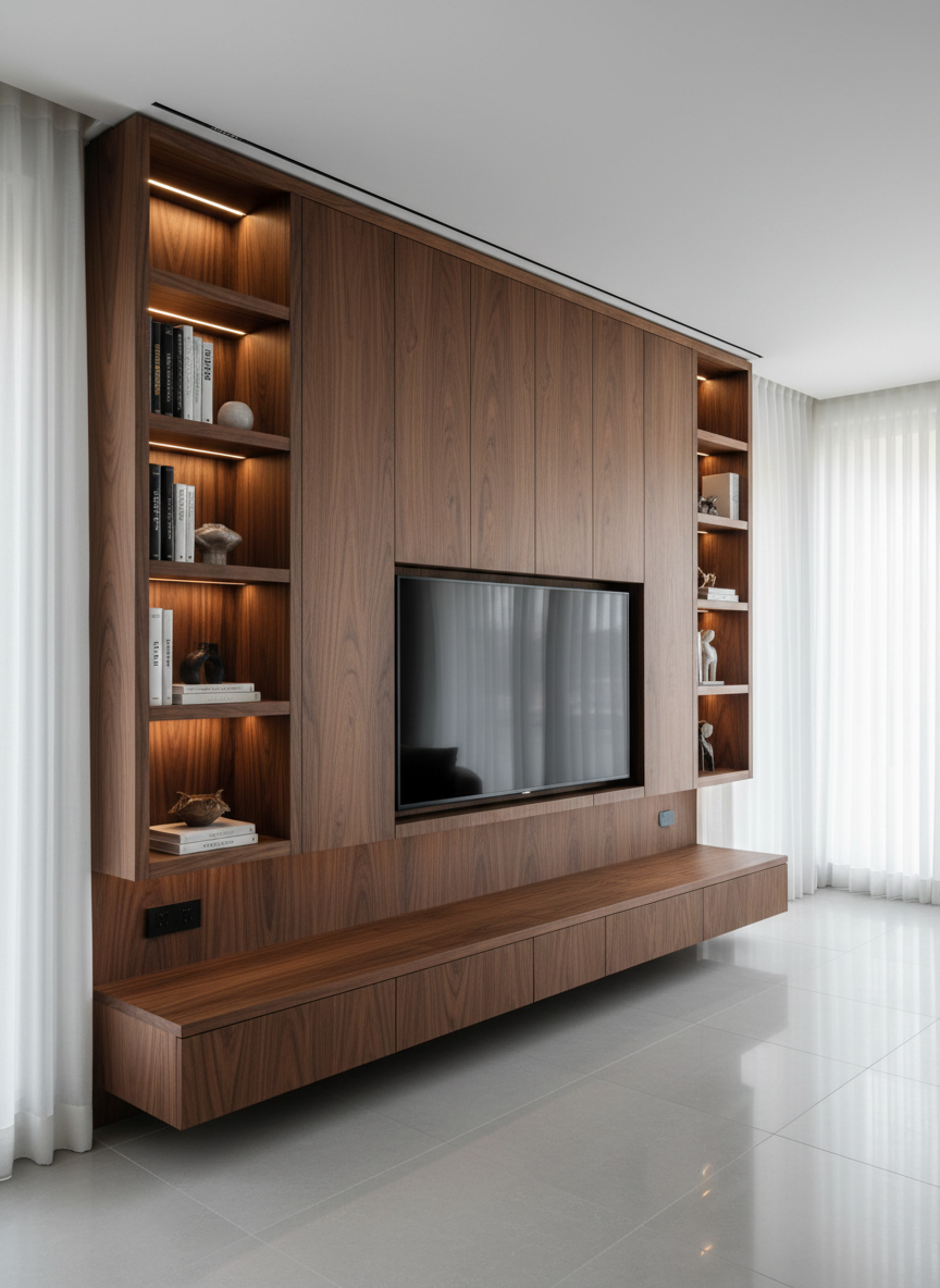 A luxurious open-plan living room featuring custom-made, wall-to-wall planned furniture in rich American walnut veneer with ultra-matte finish. Tall floor cabinetry seamlessly integrates a built-in niche for a large TV, illuminated by discreet warm LED strips under each shelf. A low, floating media console with invisible hardware appears to hover above a light gray porcelain floor. Soft, indirect daylight enters through sheer curtains, creating gentle reflections on the flawless joinery. Photographic realism, eye-level composition with a slightly wide angle, sharp focus throughout. The atmosphere is sophisticated, calm, and impeccably organized, emphasizing premium cabinetry craftsmanship and high-end interior design for a luxury carpentry brand.