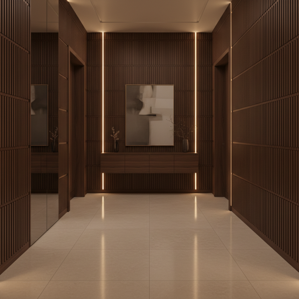 A sophisticated luxury apartment entry hall featuring custom wall cladding in ribbed dark walnut panels with a satin finish, seamlessly integrating a tall, mirrored shoe cabinet and a floating console with hidden drawers. A thin, integrated LED line runs vertically between panels, casting a warm, continuous glow that accentuates the wood texture. The floor is polished large-format porcelain in light beige, faintly reflecting the light. Photographic realism, symmetrical frontal composition emphasizing perfect alignment and flush finishes. The atmosphere is welcoming yet grand, conveying the first impression of a high-end planned furniture brand with impeccable finishing and attention to detail.