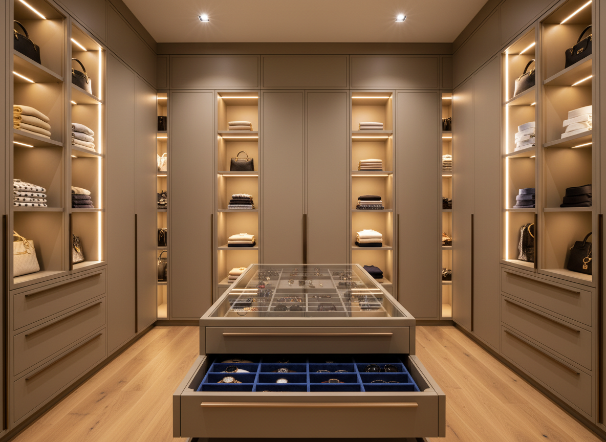 A luxurious walk-in closet with custom planned wardrobes in a soft taupe matte lacquer, featuring full-height doors with integrated bronze metal profiles. Inside, illuminated glass shelves showcase perfectly folded garments, while warm LED strip lighting lines each compartment, casting a refined golden light on the interior. Central to the space, a low island with velvet-lined drawers and a tempered glass top reveals meticulously organized accessories. The floor is covered in wide-plank natural oak, subtly reflecting the light. Photographic realism, wide-angle composition capturing the entire layout with sharp clarity. The atmosphere is exclusive, boutique-like, and highly sophisticated, emphasizing meticulous finishing, premium hardware, and high-end bespoke carpentry.
