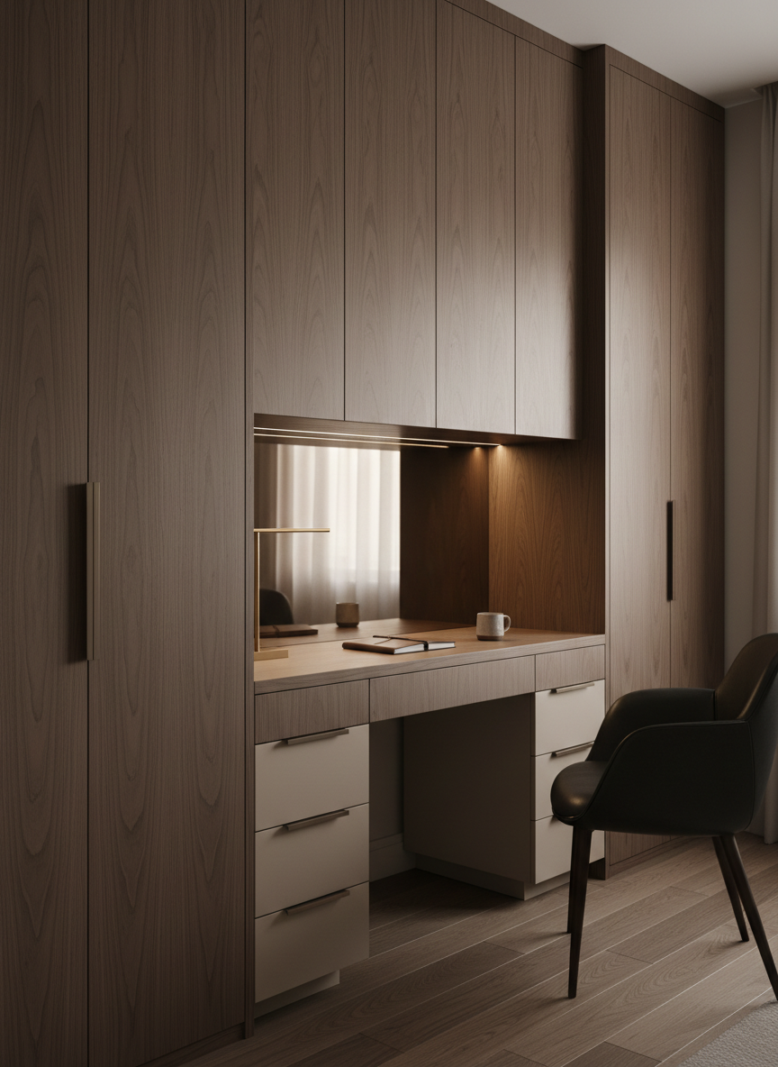 A refined home office with floor-to-ceiling planned cabinetry in a deep smoked eucalyptus wood tone, featuring vertical slatted panels and push-to-open doors for a minimalist aesthetic. A floating desk in matching veneer with a thin shadow gap appears to detach from the wall, paired with built-in side drawers finished in matte champagne lacquer. A backlit niche with bronze-tinted mirror panels reflects soft, diffused afternoon light from a nearby window, creating subtle highlights. Photographic realism, shot at eye level with shallow depth of field, focusing on the precise joinery of the desk and cabinetry. The mood is focused, serene, and distinctly premium, communicating sophistication and luxury carpentry excellence.