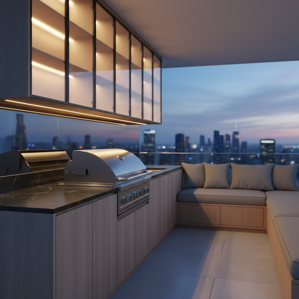 A premium gourmet balcony area with custom outdoor cabinetry in weather-resistant wood-look laminate in a soft ash tone, paired with a black stone countertop and built-in grill niche. Upper cabinets with frosted glass doors and slim black aluminum frames line the wall, subtly lit by integrated warm LED strips. A planned bench with hidden storage runs along the opposite side, topped with neutral cushions, framed by a glass balustrade revealing a softly blurred city skyline at dusk. Photographic realism, shot at a three-quarter angle, capturing both cabinetry and seating. The lighting mixes the cool blue of the evening sky with warm artificial light, creating a sophisticated, inviting atmosphere that highlights luxury carpentry suitable for premium outdoor spaces.