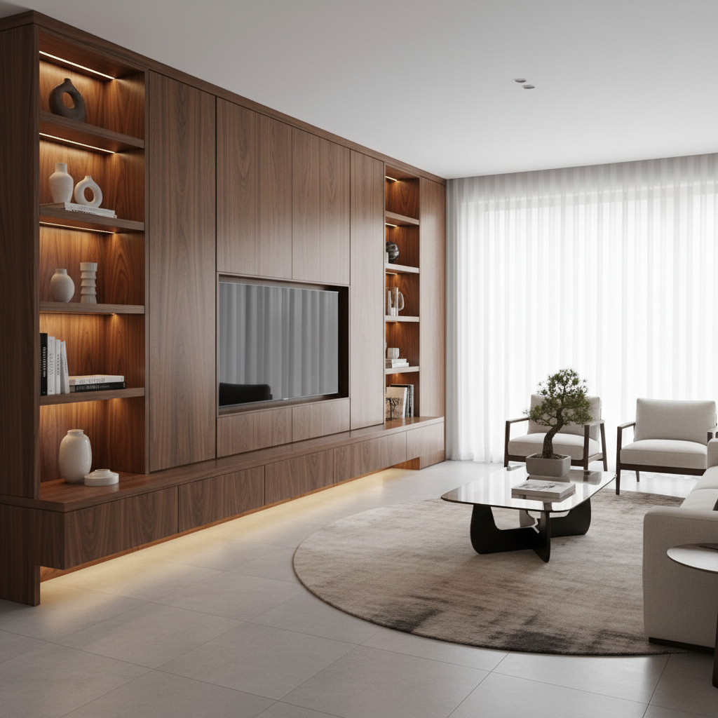 A luxurious open-plan living room featuring custom-made, wall-to-wall planned furniture in rich American walnut veneer with ultra-matte finish. Tall floor cabinetry seamlessly integrates a built-in niche for a large TV, illuminated by discreet warm LED strips under each shelf. A low, floating media console with invisible hardware appears to hover above a light gray porcelain floor. Soft, indirect daylight enters through sheer curtains, creating gentle reflections on the flawless joinery. Photographic realism, eye-level composition with a slightly wide angle, sharp focus throughout. The atmosphere is sophisticated, calm, and impeccably organized, emphasizing premium cabinetry craftsmanship and high-end interior design for a luxury carpentry brand.