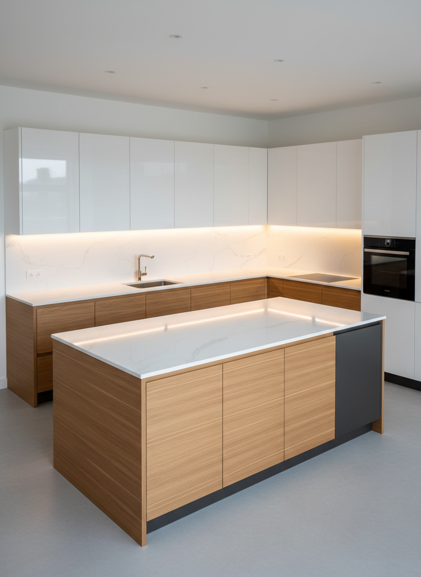 An elegant, bespoke kitchen designed in a U-shape with handleless high-gloss white upper cabinets and natural oak lower cabinets in a perfect wood grain match. The countertops are immaculate white quartz with subtle gray veining, and a large central island features integrated storage and a hidden drawer system in dark graphite. Under-cabinet warm LED lighting washes the quartz backsplash, creating a soft, golden evening glow. Photographic realism with a slightly elevated angle, showcasing precise alignments, perfect gaps, and premium finishes. The atmosphere is sophisticated, clean, and luxurious, highlighting impeccable joinery, high-quality materials, and a sense of contract-level reliability and durability in every detail.