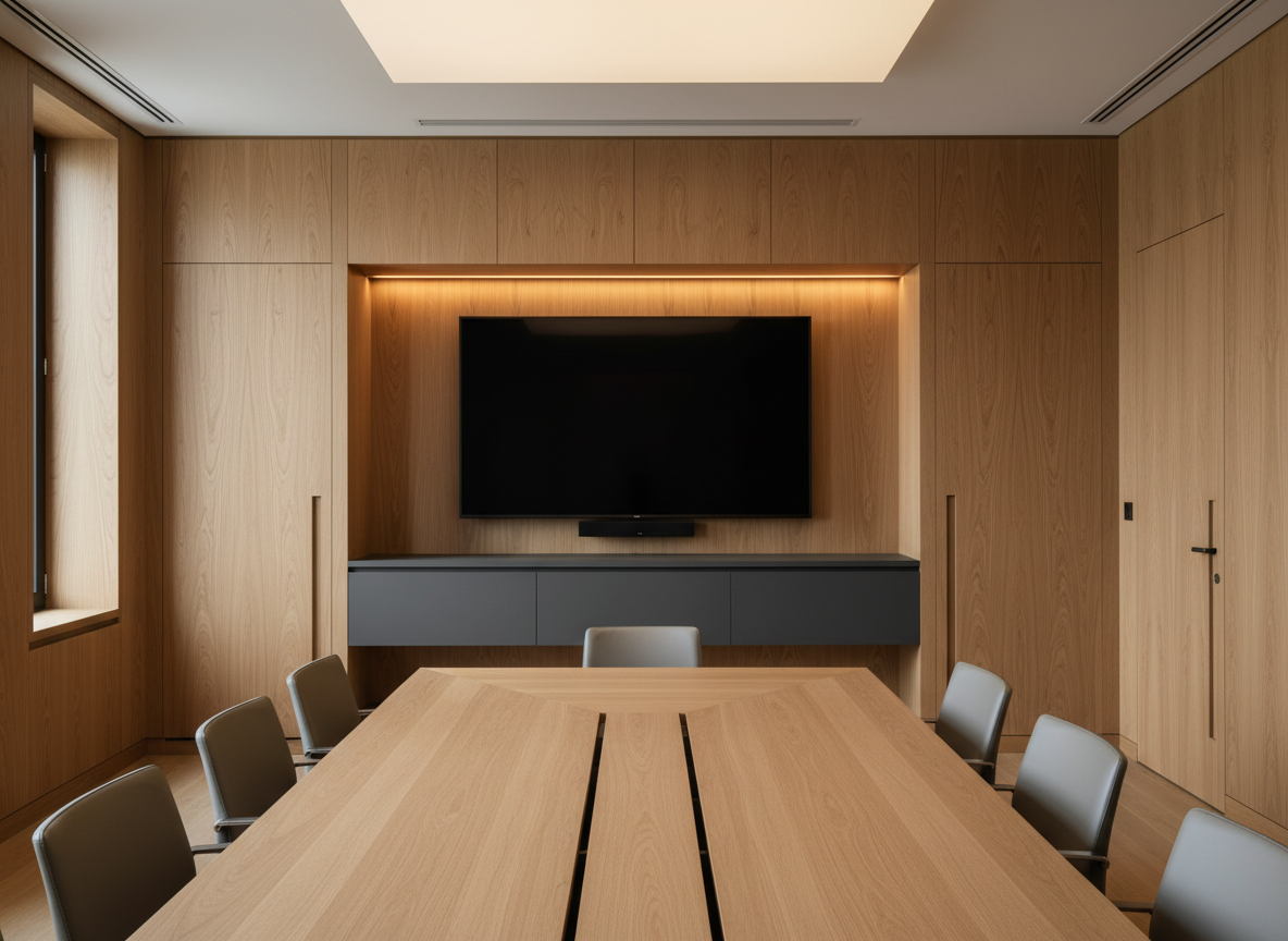 A high-end corporate meeting room featuring wall-to-wall planned paneling in natural oak with continuous vertical grain, concealing hidden storage doors with invisible handles. A long, floating credenza in matte graphite lacquer runs beneath a large, flush-mounted screen, highlighted by a slim, warm LED line embedded in the panel above. The conference table, in matching oak with beveled edges, appears in the foreground with impeccable joinery. Soft, diffused ceiling lighting combined with subtle daylight from a side window creates an even, professional glow. Photographic realism, shot from a slightly low angle to emphasize scale and luxury. The mood is formal, confident, and sophisticated, reinforcing the idea of premium, contract-secure custom carpentry solutions.